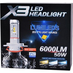 LED Headlight x3 6000 Lumens 50w H4 Zes Σετ 2 τεμαχιων