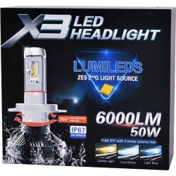 LED Headlight x3 6000 Lumens 50w H7 Zes Σετ 2 τεμαχιων