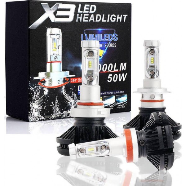 LED Headlight x3 6000 Lumens 50w H3 Zes Σετ 2 τεμαχιων