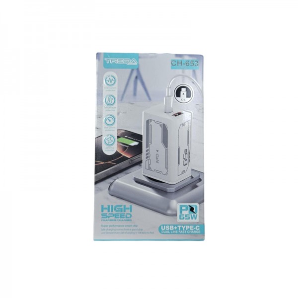 Treqa Φορτιστής και Καλώδιο Φόρτισης USB + Type-C PD 65W – Διπλή Γραμμή & Ταχεία Φόρτιση TR-653