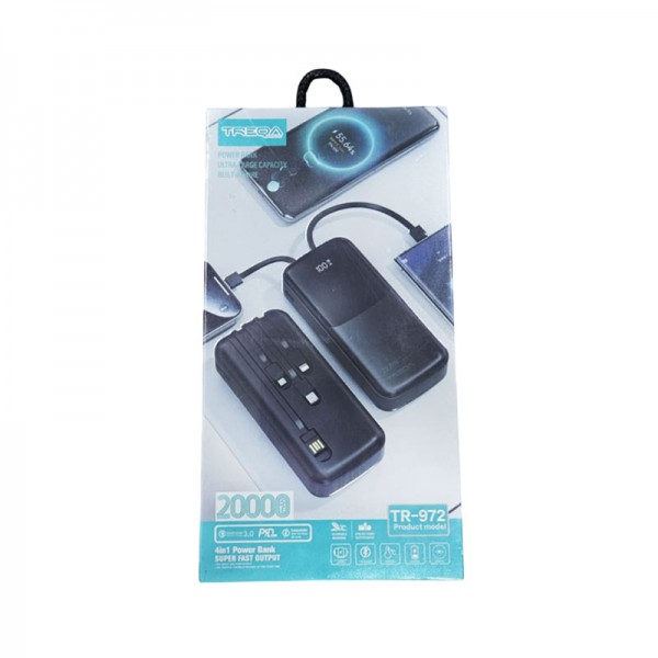 Treqa Powerbank 20.000mAh TR-972 – Πολυλειτουργικό με Ενσωματωμένα Καλώδια & Γρήγορη Φόρτιση Λευκό