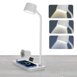 LED Φωτιστικό Γραφείου 4 σε 1 με Ασύρματο Φορτιστή, Ηχείο Bluetooth και Ρολόι Λευκό