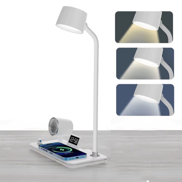 LED Φωτιστικό Γραφείου 4 σε 1 με Ασύρματο Φορτιστή, Ηχείο Bluetooth και Ρολόι Λευκό
