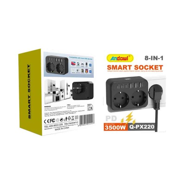 Andowl Πολύπριζο 8 σε 1 με 2 Πρίζες & 6 Θύρες USB 3500W Q-PX220 Andowl Πολύπριζο 8 σε 1 με 2 Πρίζες & 6 Θύρες USB 3500W Q-PX220