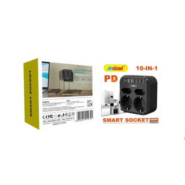Andowl Πολύπριζο Smart Socket 10 σε 1 με 2 Πρίζες & 8 Θύρες USB 3500W Q-PX230 Andowl Πολύπριζο Smart Socket 10 σε 1 με 2 Πρίζες & 8 Θύρες USB 3500W Q-PX230