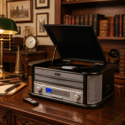 Akai ATT-350CC – Ρετρό Πικάπ 3 Ταχυτήτων με CD, Κασέτα, AM/FM, Bluetooth & USB Recording (2×4W)