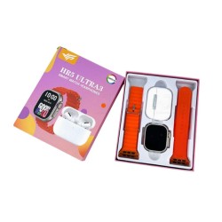 HR5 Ultra 3 σετ smartwatch με οθόνη amoled, 2 λουράκια & ασύρματα ακουστικά πορτοκαλί χρώμα