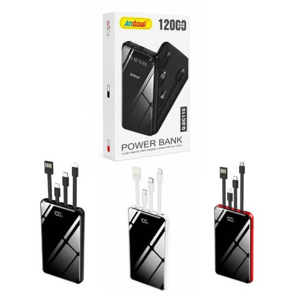 Andowl Q-DC110 Power Bank 12000mAh με Ενσωματωμένα Καλώδια Φόρτισης